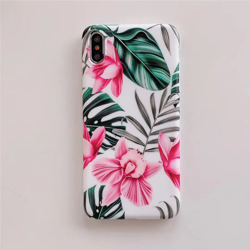 Pink floral print TPU back cover case for iPhone models 6 through 11 Pro Max.