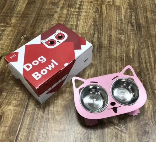 Anti-falling cat dog feeding water bowl in stainless steel with inclined design