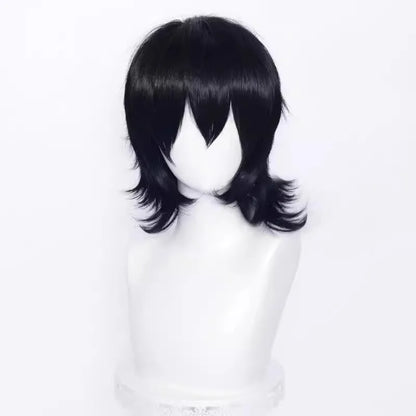 Short-length anime cosplay wig in high-temperature fibre on a stand.