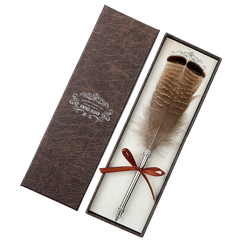 Elegant retro feather pen in a luxury gift box, featuring a sleek stainless steel casing and a stunning array of authentic feather designs.