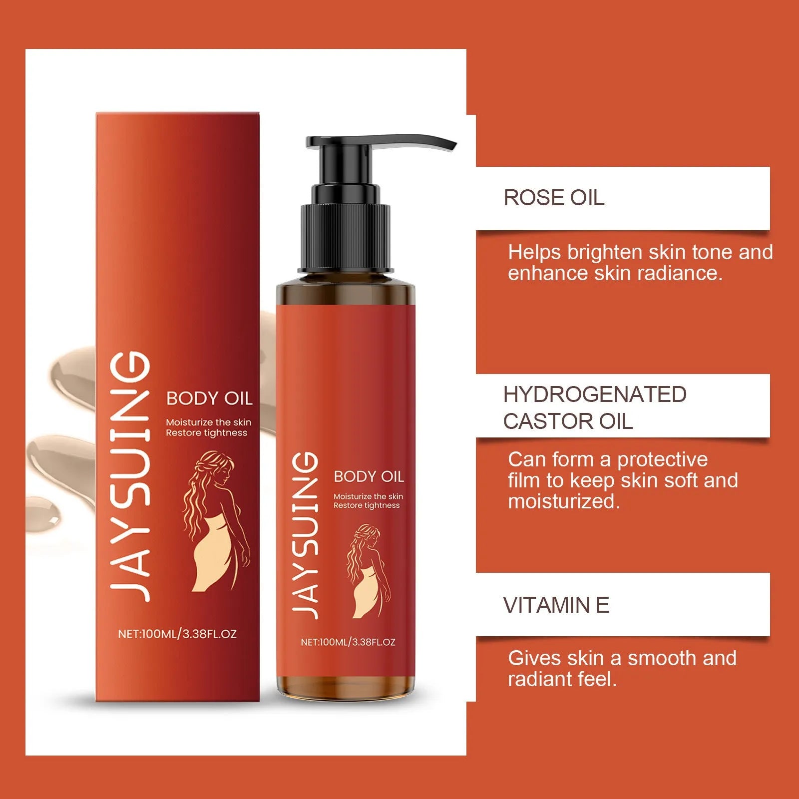 100ml bottle of body tightening massage oil with rose oil and vitamin E.