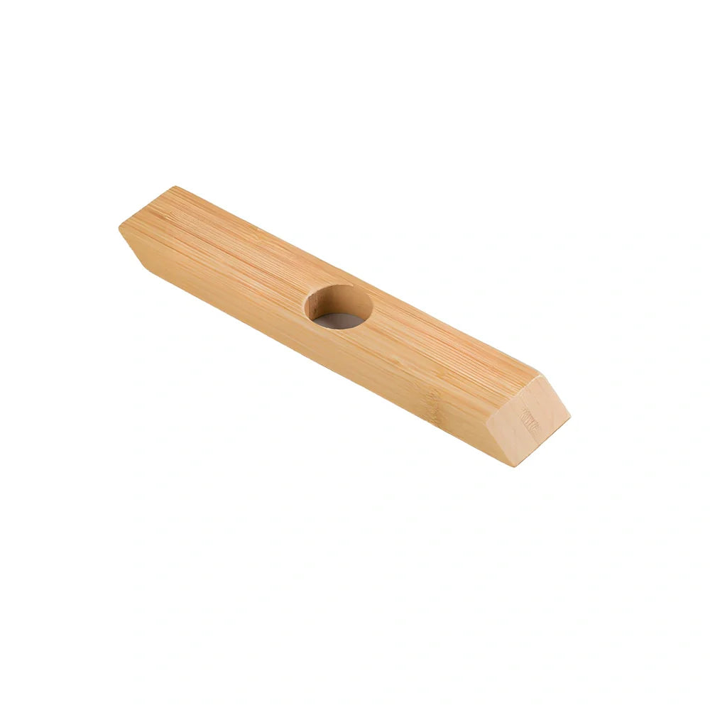 Natural bamboo wine bottle rack holding six bottles with wood grain visible