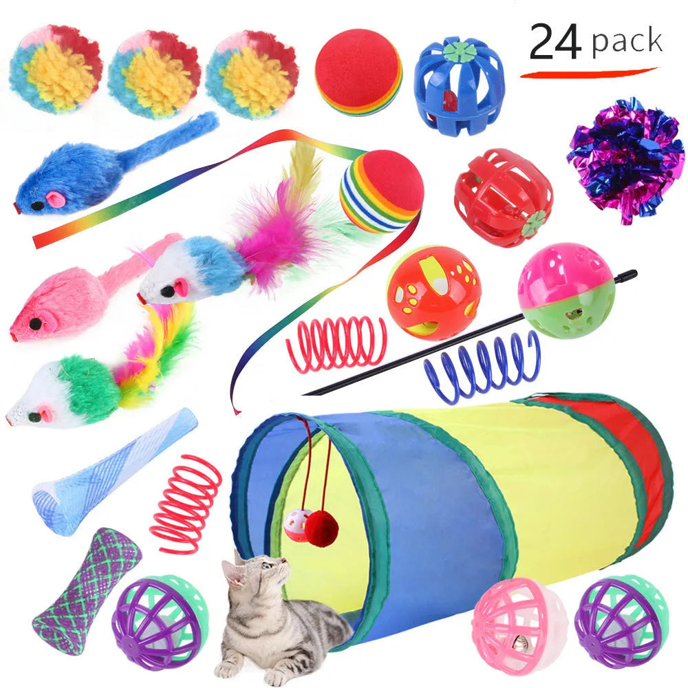 Plastic cat toy set with coloured tunnel channels and a ball for interactive indoor play.