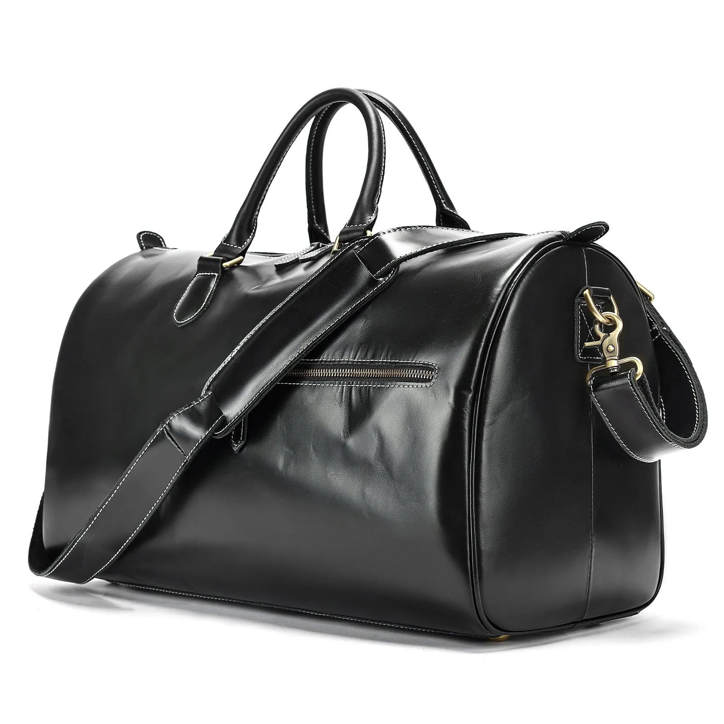 Men's vintage-style genuine leather crossbody bag in black, shown with spacious main compartment.