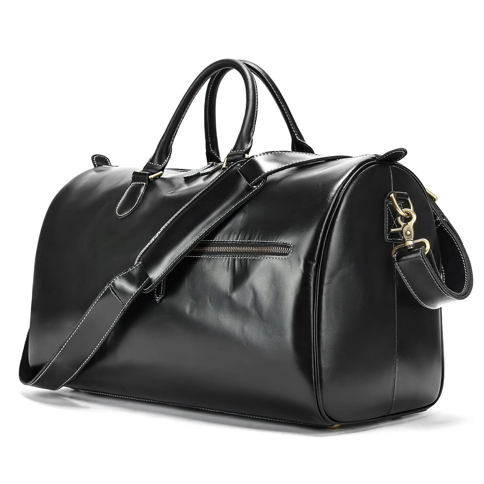 Men's vintage-style genuine leather crossbody bag in black, shown with spacious main compartment.