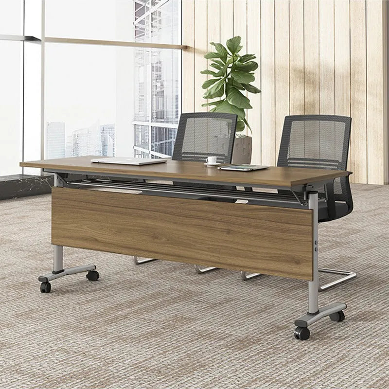 Black leather swivel office chair with armrests and a metal frame.