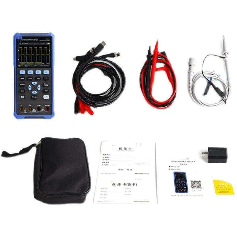 Owon HDS272 handheld digital oscilloscope with probe and accessories on workbench