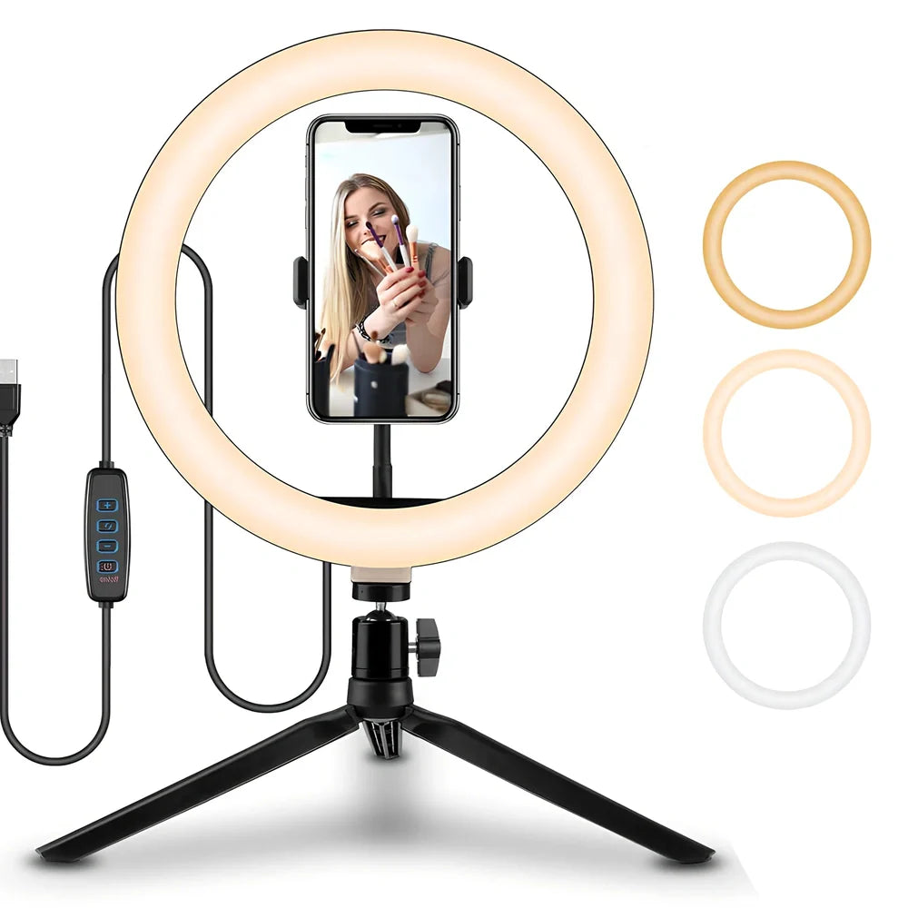 10-inch ring selfie light clipped to smartphone with 19cm metal bracket extended, rotatable for even face illumination
