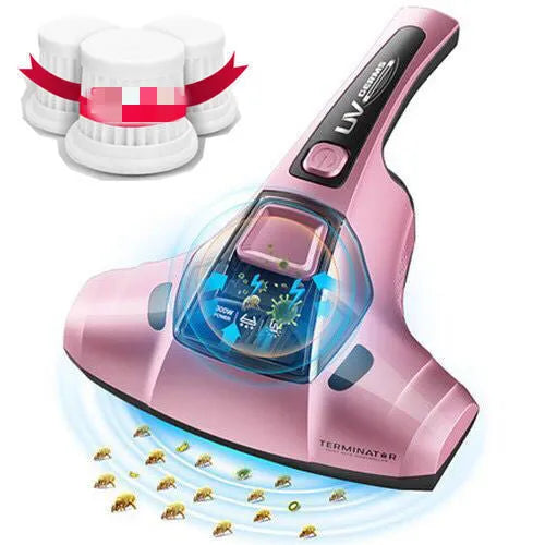 Pink handheld UV vacuum cleaner for mattress mite elimination with 0.3L capacity