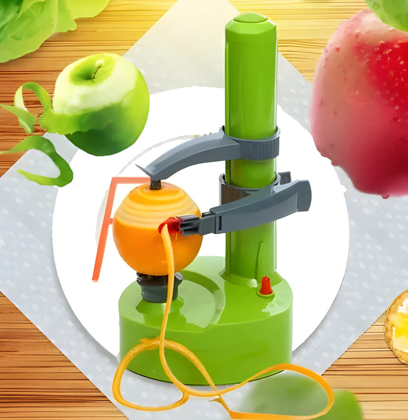 Multifunction electric peeler with three stainless steel blades for fruit and vegetables, featuring a 285mm x 140mm x 140mm ABS plastic base and adjustable needle to accommodate various sizes, powered by battery or charger for efficient peeling.