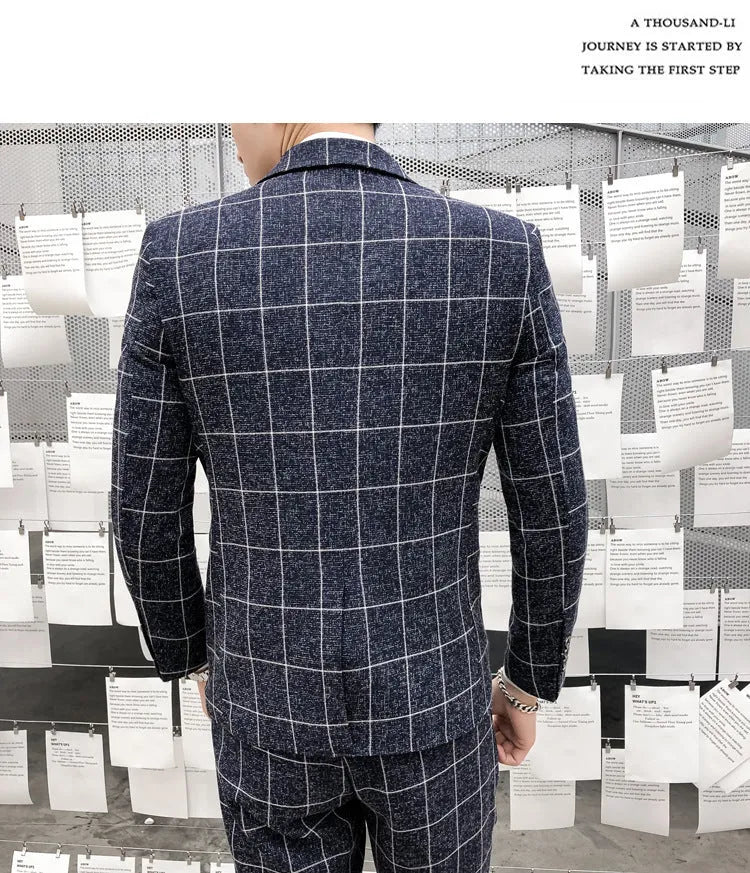 Men's slim fit plaid three-piece suit in chemical fibre viscose blend, available in khaki black dark blue grey