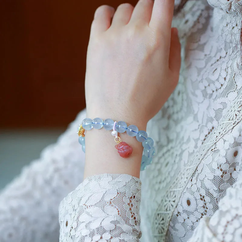 DIY Chinese Style Aquamarine Fox Bracelet for Women with Pink Crystal Accents, Handmade Beaded Fengjiu Accessory, Adjustable Pearl Bead Bracelet Kit for Personalised Jewellery Making