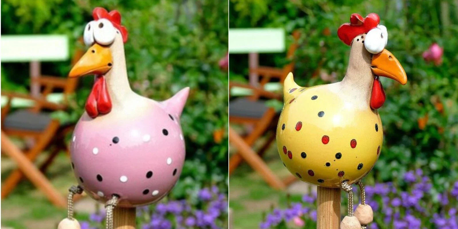 Charming hen and rooster ornaments made of durable resin with vibrant colours and intricate details for elegant garden decor