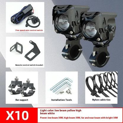 Motorcycle LED spotlight kit with wire group, mirror switch, mounting bracket, and cable ties.