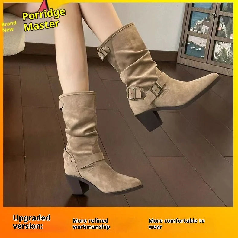 Women's chunky heel boots in white colour with 2.5cm flat heel and middle calf length