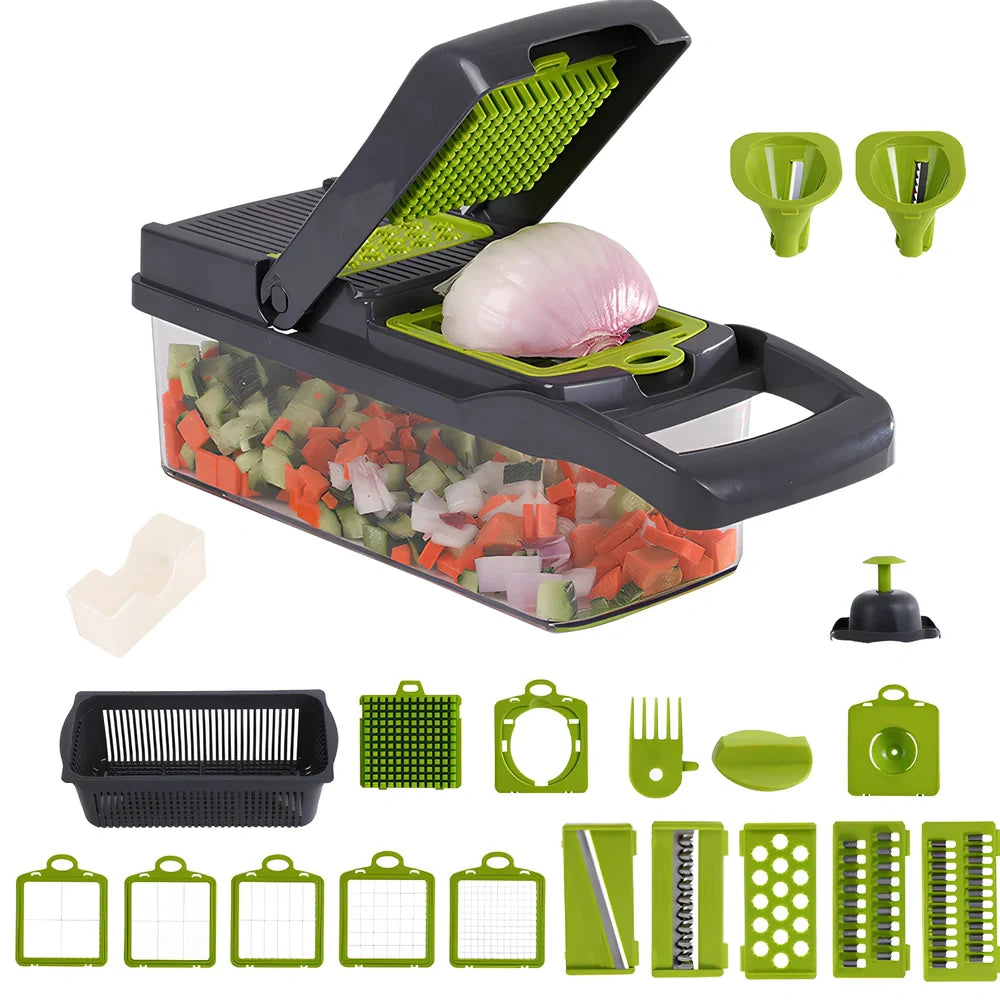Multipurpose vegetable cutter with 7 blades, drain basket, and hand guard for kitchen food preparation