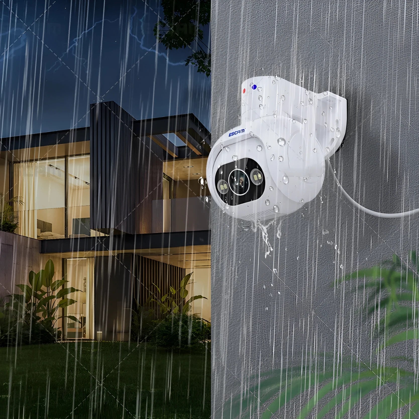 White smart security camera with wall mount bracket and 4mm lens for indoor and outdoor use.