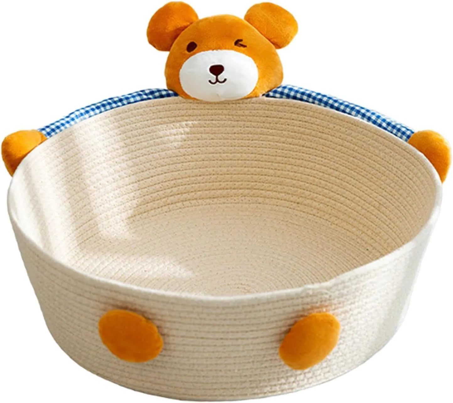 Woven cotton rope basket cat bed with integrated scratching edges for cats and small dogs.