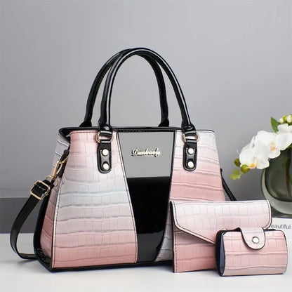 Women's three-piece crocodile stitch shoulder bag set in PU leather, showing main bag, small bag, and card holder.