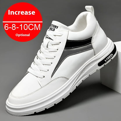 Men's white and black low-top casual sneakers with round toe and lace-up front, showcasing sewing line detail.
