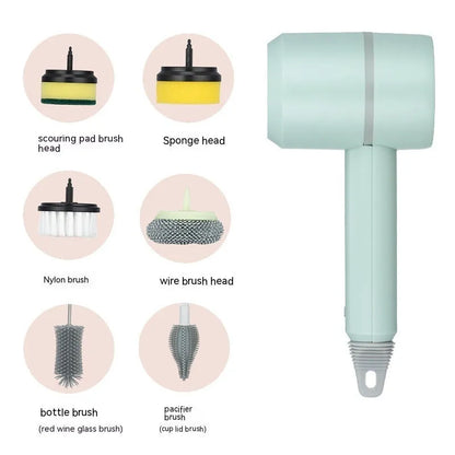 Green electric cleaning brush with multiple brush heads on a kitchen worktop.