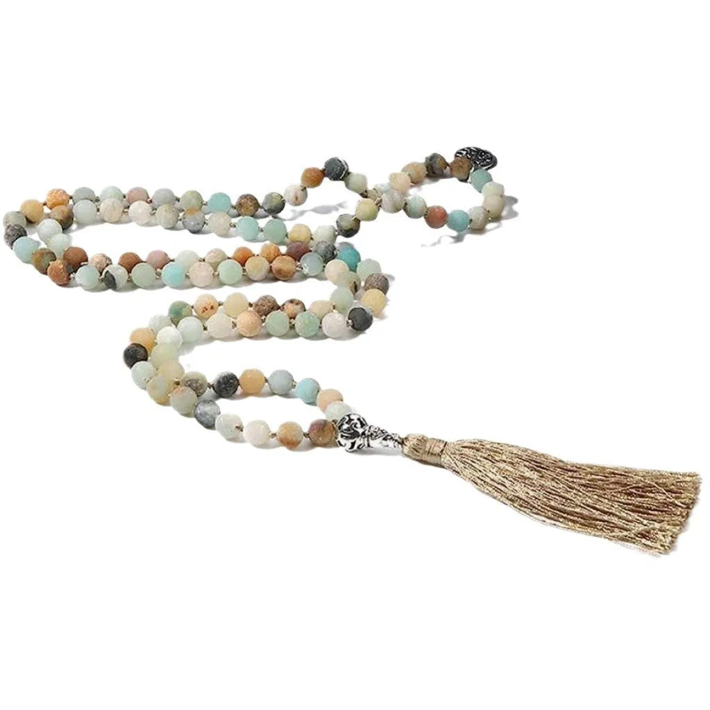 Handmade long stone beaded necklace with 108 8mm beads in a choice of 12 natural colours.