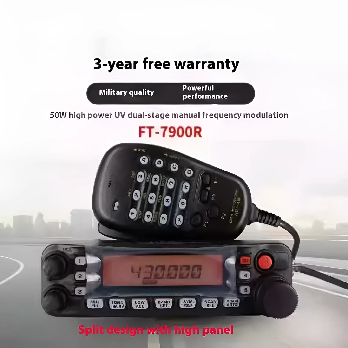 High-power car interphone walkie-talkie for vehicles with 507 antenna and choice of mounting clamps.