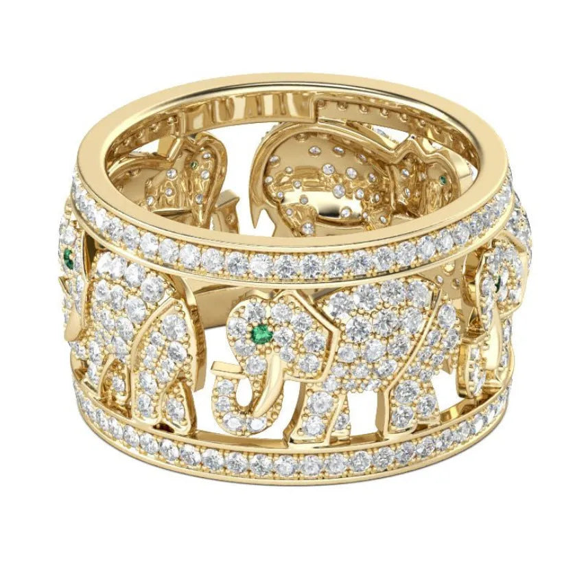 Close-up of a creative diamond set elephant design ring on a finger, showing alloy and electroplated finish.