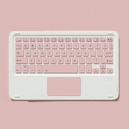 Wireless Bluetooth keyboard and mouse combo kit in pink with charging cable