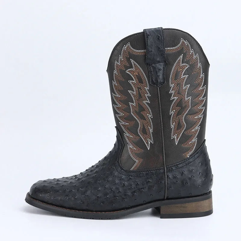 Men's black square toe denim-style motorcycle boots with mid-calf shaft and low wedge heel.