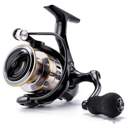 Spinning fishing reel with metal body, no-gap spool design, and black EVA grip handle.