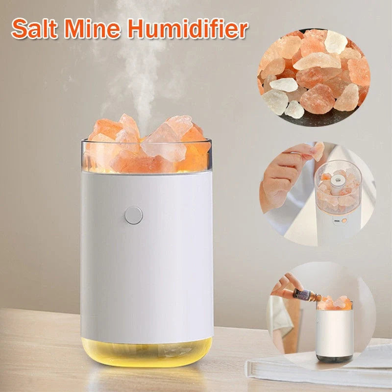 Crystal Salt Stone Air Humidifier with Aromatherapy and LED Lamp on desk