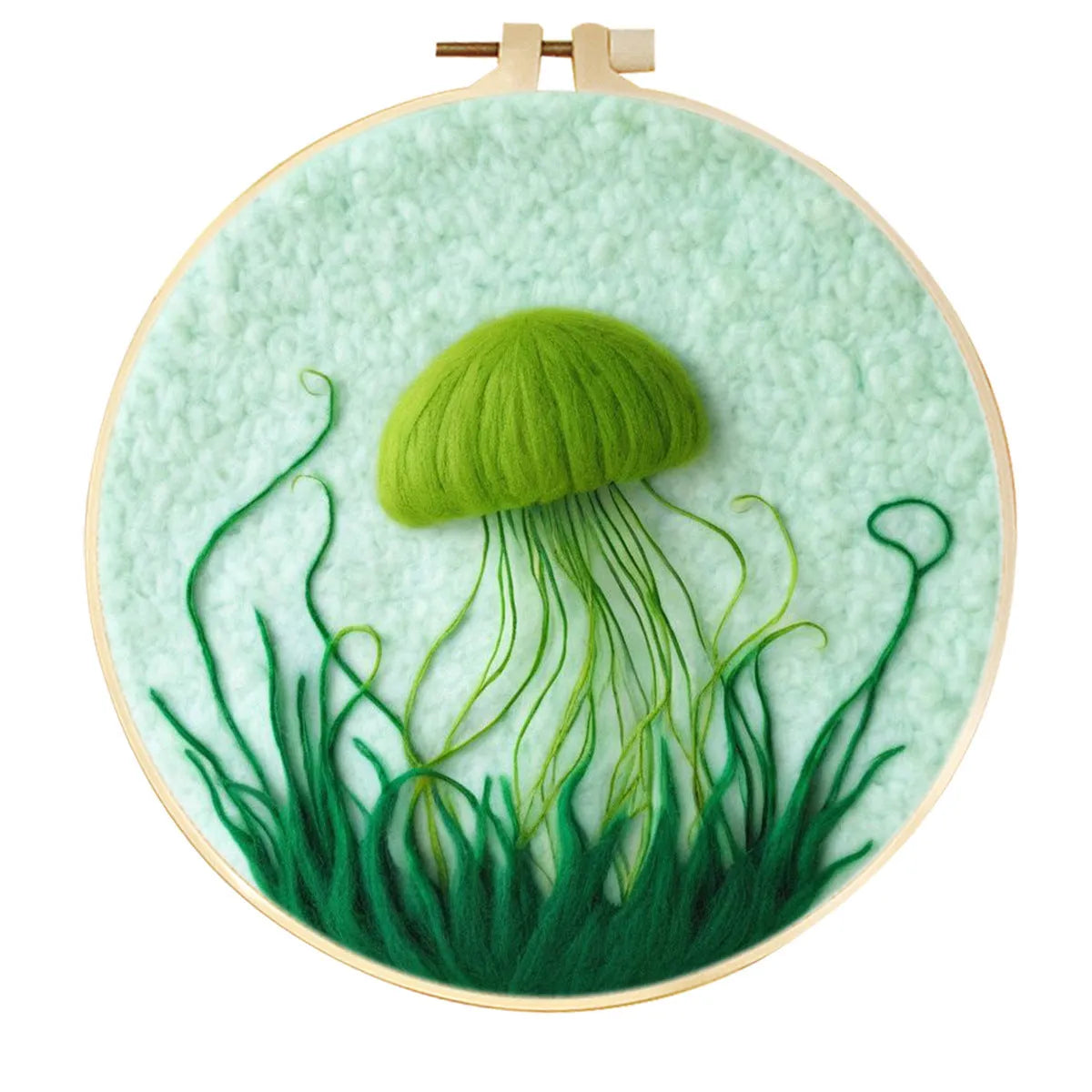 Round three-dimensional embroidery kit with linen fabric, wool felt pieces, and embroidery frame for 20x20 cm blanket painting