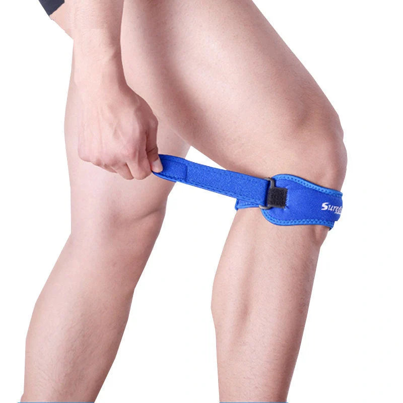 Adjustable patella brace in black, white, blue, and pink for knee support and injury prevention
