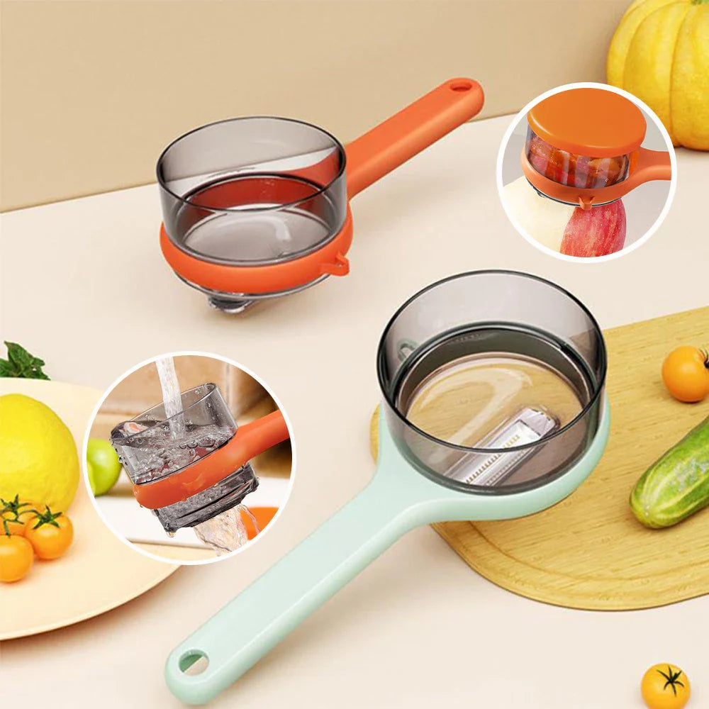 Premium multifunctional peeler with storage bucket and fruit scratcher for easy, mess-free fruit and vegetable preparation