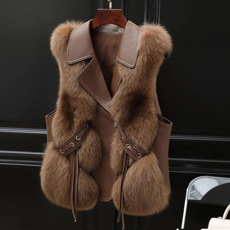 Elegant women's artificial fur vest in milk tea and camel colours for autumn and winter