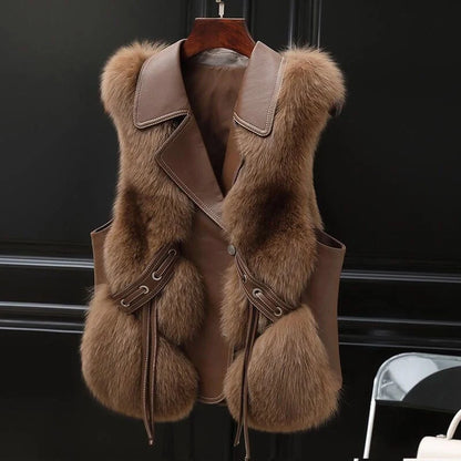 Elegant women's artificial fur vest in milk tea and camel colours for autumn and winter