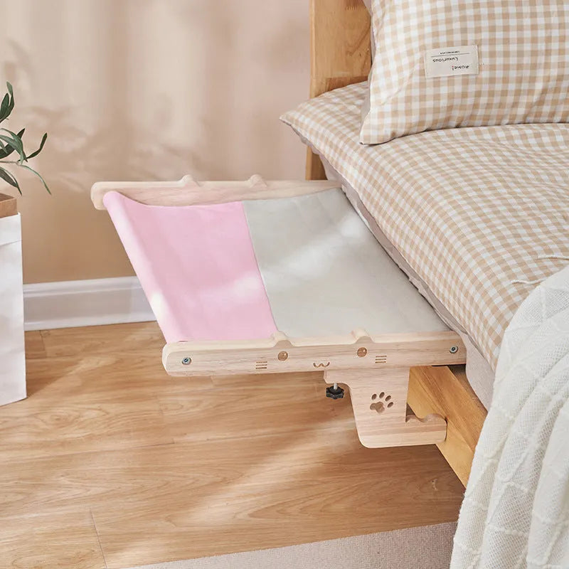 Wooden cat hanging bed hammock mounted by a window in a choice of seven colours