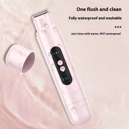 White and pink portable electric body hair trimmer with USB charging cable.