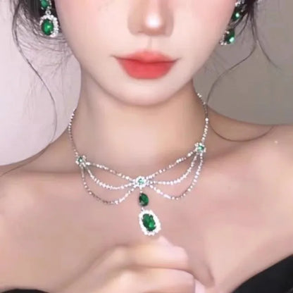 Rhinestone drop tassel necklace set with emerald alloy pendant and 51-80cm clavicle chain