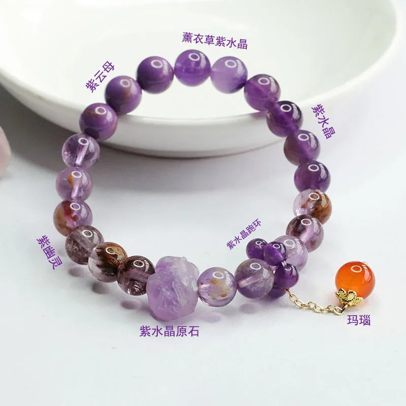 Nine purple crystal bracelet with Amethyst beads and red agate stones in Mori style design