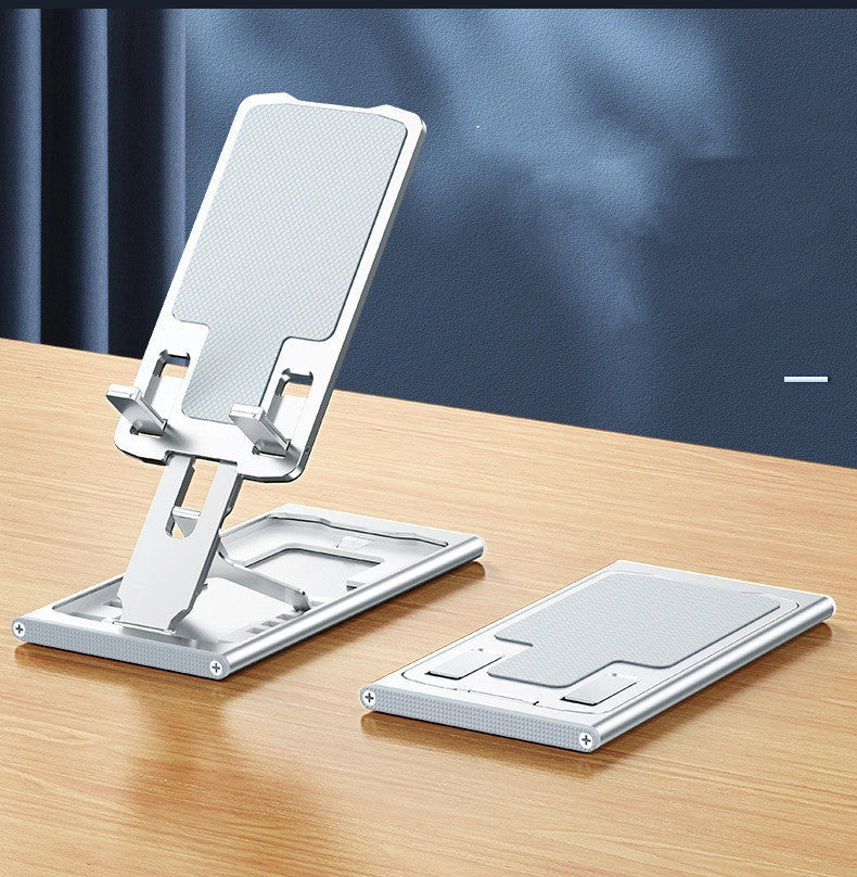 Aluminum alloy mobile phone stand in grey, rose gold, silver, and blue, adjustable angle for desktop use