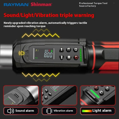 Electronic digital display torque wrench showing Nm readout on LCD screen, with chrome-vanadium steel shaft and handle.