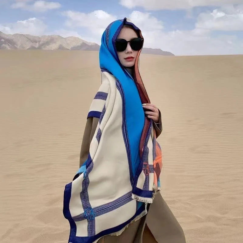 Stylish Korean contrast colour artificial cashmere scarf for women, perfect for winter warmth and fashion.
