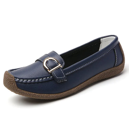 Women's beige casual loafers with a round toe and shallow-cut vamp on a beef tendon sole.