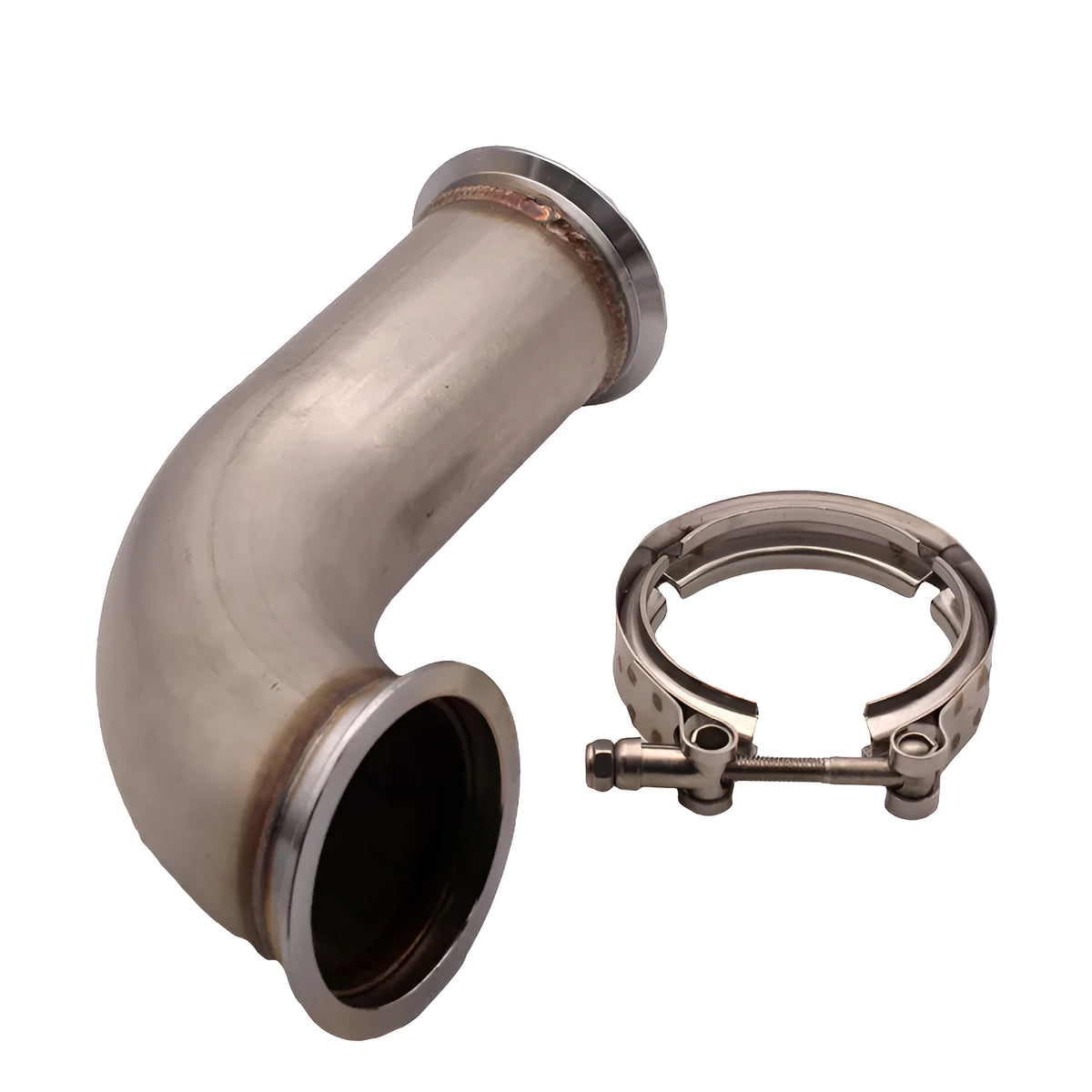 Stainless steel V-clamp downpipe plumbing component with secure attachment design