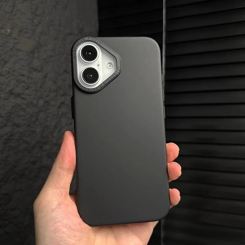 Ultra-thin frosted phone case with metal buttons and large metal hole in black for iPhone 14