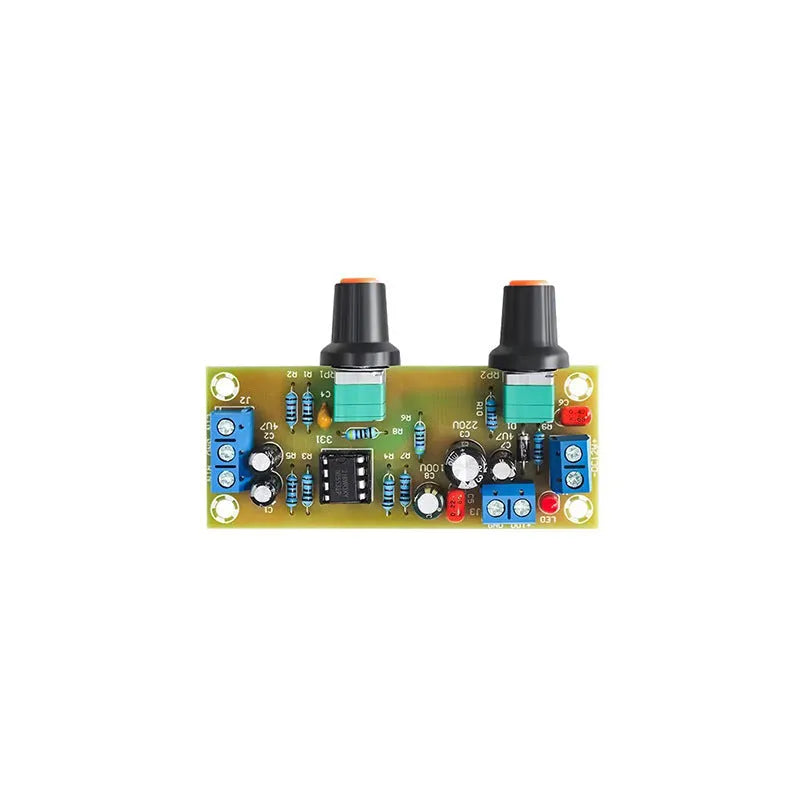 Car audio front stage board with bass boost showing PCB components and mounting holes