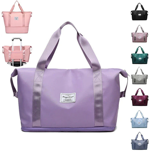 Spacious gym travel bag in various colors, featuring multiple pockets and comfortable carrying handles for workout, yoga, and outdoor use.