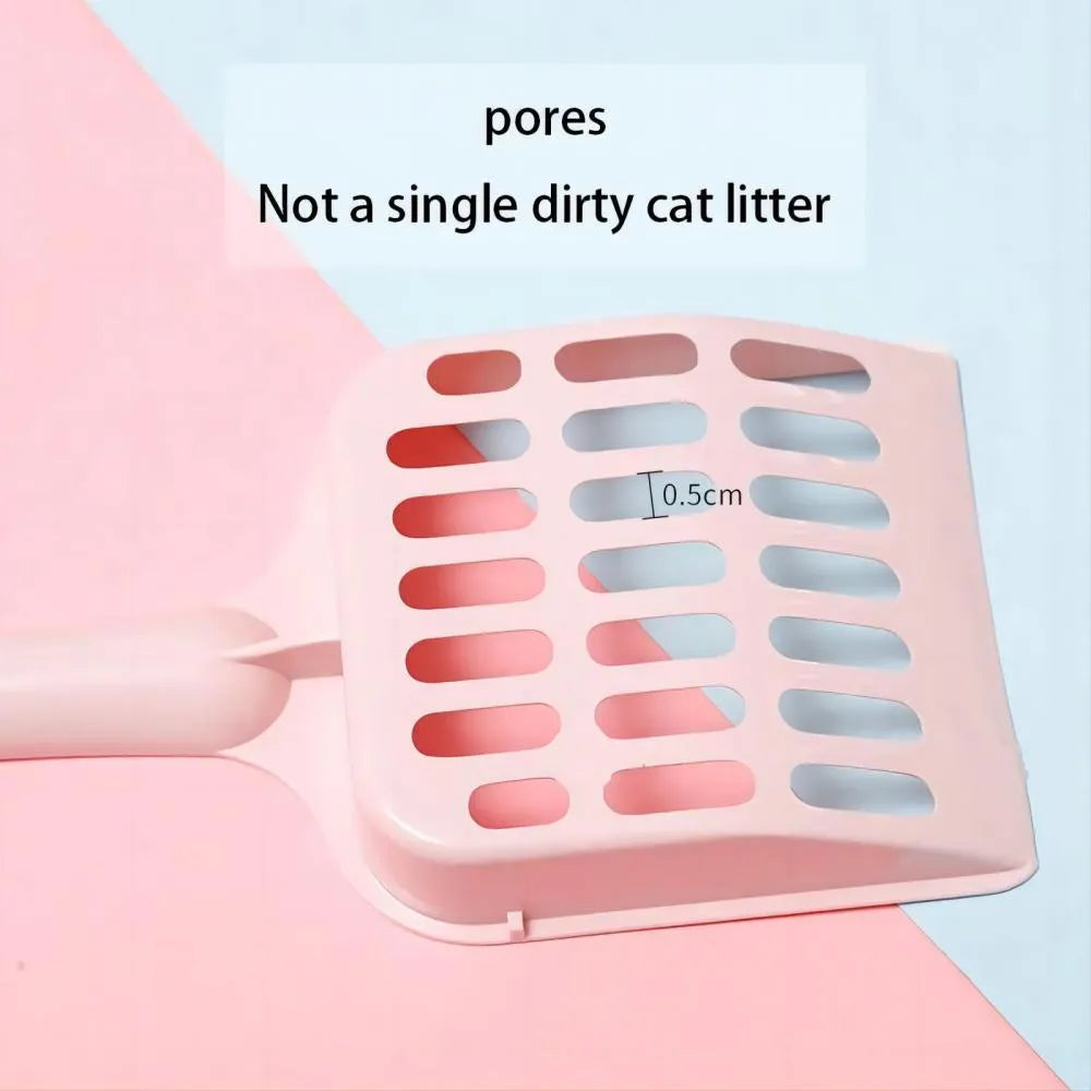 Plastic cat litter scoop in blue on a white background, showing handle and perforated scoop area.